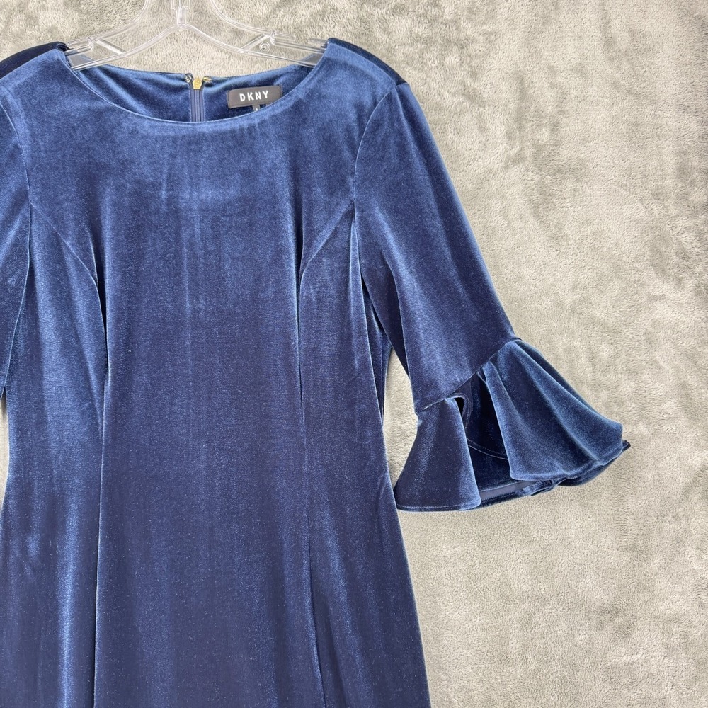 DKNY Dress Womens 6 Velvet Bell Sleeve Sheath Evening Event Career Back Zip Navy - Picture 3 of 13
